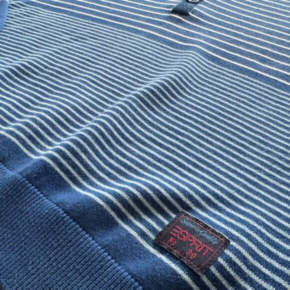 Vintage 90s Esprit Striped Henley Sweater Blue & White – Preppy Y2K Retro - Picture 4 of 7